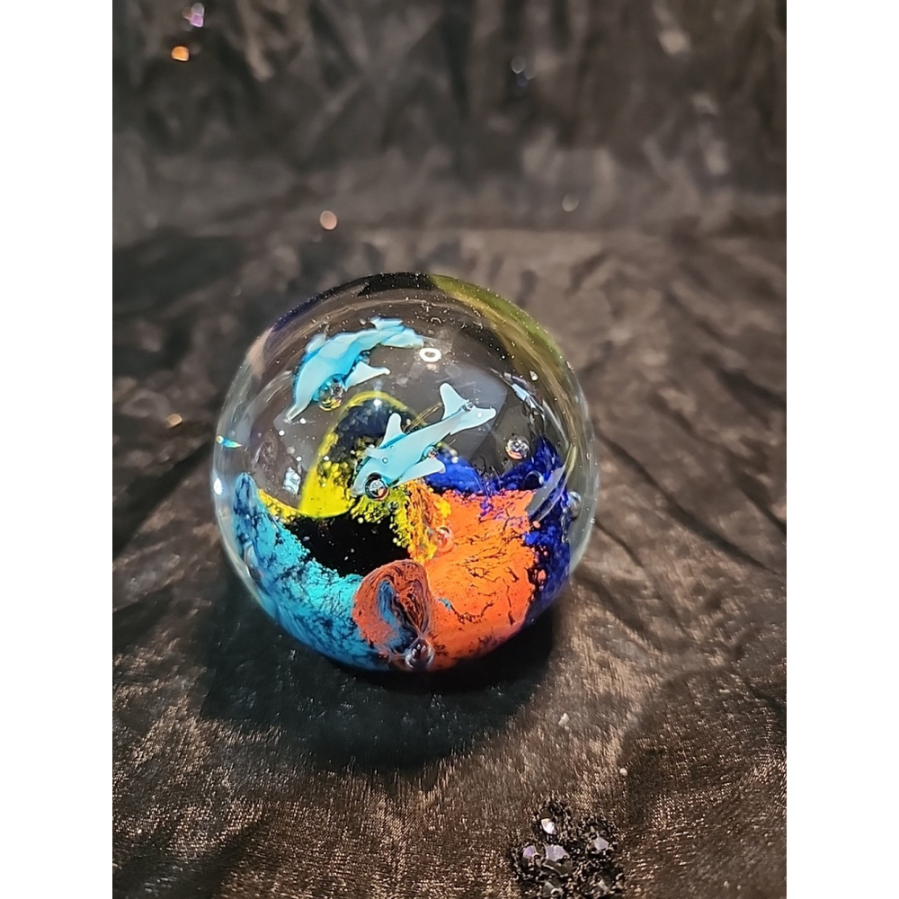 Murano Style Dolphin Art Glass Round Paperweight - Multicolored